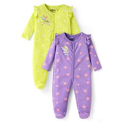 Babyhug Disney Interlock Knit Full Sleeves Sleep Suits with Tinker Bell Graphics & Frill Detailing Pack of 2 - Green & Purple