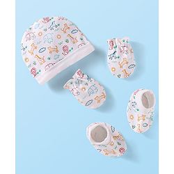 Babyhug Interlock Knit Cap Mittens And Booties Set with Jungle Theme Print - White