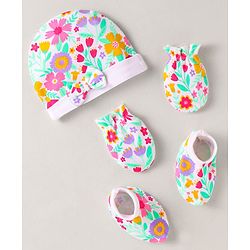 Babyhug Interlock Knit Floral Print Cap Mittens & Booties - White Purple Pink