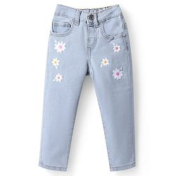 Babyhug Denim Full Length Washed Jeans With Stretch & Floral Embroidery - Light Blue