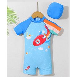 Babyhug Half Sleeves Legged Swimsuit with Cap Rocket Print - Light Blue