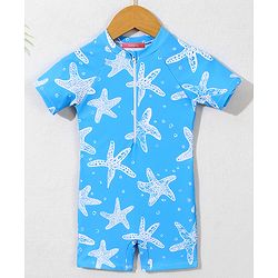 Babyhug Half Sleeves Legged Swimsuit with Star Print - Blue