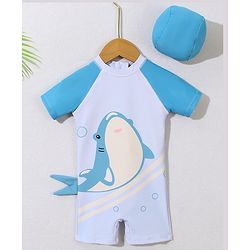 Babyhug Half Sleeves Legged Swimsuit with Cap Dolphin Print - Blue