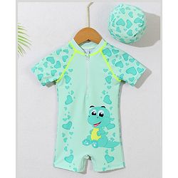 Babyhug Half Sleeves Legged Swimsuit with Cap Dino Print - Green