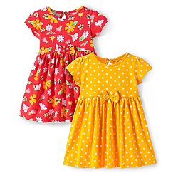Babyhug Single Jersey Knit Half Sleeves Dresses with Bow Applique Polka Dots & Floral Print Pack of 2 - Red & Yellow