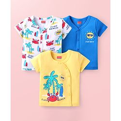 Babyhug 100% Cotton Woven Half Sleeves Front Open Vest with Beach Theme Print Pack Of 3 - Blue White & Yellow