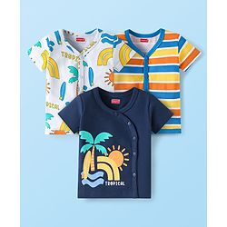 Babyhug Interlock Knit Half Sleeves Front Open Vests with Tropical Theme Print & Stripes Pack of 3 - Navy Blue & White