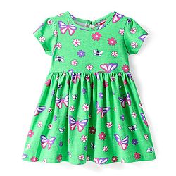 Babyhug Cotton Knit Half Sleeves Frock With Butterfly & Floral Print - Green