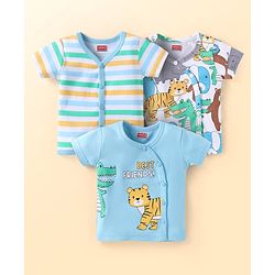 Babyhug Interlock Knit Half Sleeves Front Open Vests with Animal Print & Stripes Pack of 3 - Light Blue & White