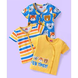 Babyhug 100% Cotton Knit Half Sleeves Front Open Striped Vests with Bear Print Pack of 3 - Blue Yellow & Red