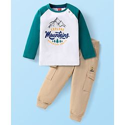 Babyhug Single Jersey Knit Raglan Sleeves T-Shirt & Joggers with Text Print - White Green & Tan