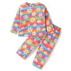 Babyhug Cotton Knit Full Sleeves Night Suit with Floral Print & Stripes - Red