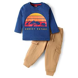 Babyhug Single Jersey Knit Full Sleeves T-Shirt & Lounge Pant Set With Sunset Print - Royal Blue & Brown