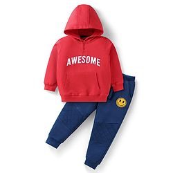 Babyhug Terry Knit Full Sleeves Hooded Sweatshirt & Lounge Pant with Text Print - Red & Blue