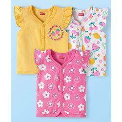 Babyhug 100% Cotton Woven Sleeveless Frill Detailing Front Open Vest with Tropical Theme Print Pack Of 3 - Blue White & Yellow