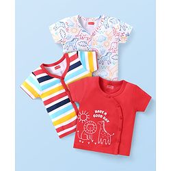 Babyhug 100% Cotton Kint Half Sleeves Front Open Striped & Animal Print Vests Pack of 3 - White Red