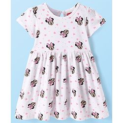 Babyhug Cotton Knit Half Sleeves Frock with Minne Mouse & Heart Print - White
