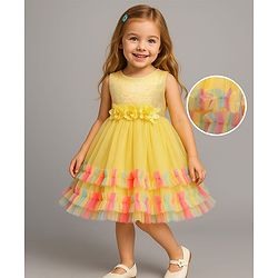 Babyhug Woven Sleeveless Ruffled Party Dress With Sequinned Yoke & Floral Applique - Yellow