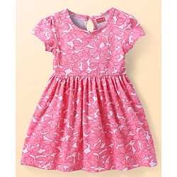 Babyhug Cotton Knit Half Sleeves Floral Printed Frock - Pink