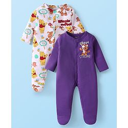 Babyhug Disney Interlock Knit Full Sleeves Footed Sleep Suits With Winnie The Pooh Graphics Pack Of 2 - Purple & White