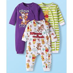 Babyhug Disney Interlock Knit Full Sleeves Rompers With Winnie The Pooh Graphics Pack of 3 - White Green & Violet