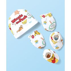 Babyhug Disney Interlock Knit Cap Mittens & Booties With Winnie The Pooh Graphics - White