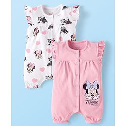 Babyhug Disney Interlock Knit Sleeveless Rompers With Minnie Mouse Graphics Pack of 2 - White & Pink