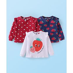 Babyhug Cotton Knit Full Sleeves T-Shirts With Fruit & Heart Print Pack of 3 - Navy Blue White & Red