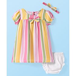 Babyhug Viscose Woven Half Puffed Sleeves Striped Frock with Bloomer Headband & Bow Applique - Pink