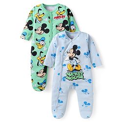 Babyhug Disney Interlock Knit Full Sleeves Footed Sleep Suits With Mickey Mouse Graphics Pack Of 2 - Blue & Green