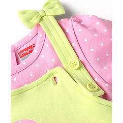 Babyhug Single Jersey Knit Half Sleeves Polka Dots & Ice Cream Printed T-Shirt & Dungaree Style Romper - Pink & Yellow