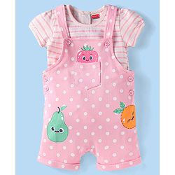 Babyhug Single Jersey Knit Half Sleeves Striped Top with Polka Dots & Fruit Printed Dungaree - Pink
