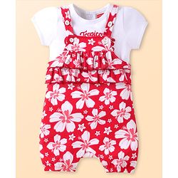 Babyhug Single Jersey Knit Floral Printed Dungaree & Half Sleeves Text Printed Top Set - White & Red