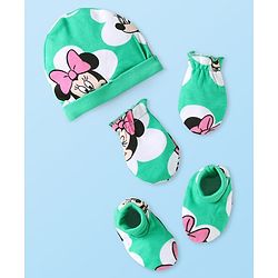 Babyhug Disney Interlock Knit Cap Mittens & Booties Set with Minnie Mouse Graphics Green - Diameter 10 cm