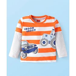 Babyhug Cotton Knit Full Doctor Sleeves T-Shirt with Stripes & Car Print - White