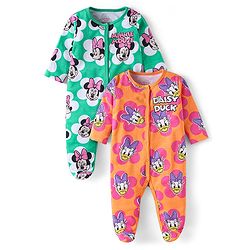 Babyhug Disney Interlock Knit Full Sleeves Footed Sleepsuits With Minnie Mouse Graphics Pack Of 2 - Green Orange