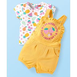 Babyhug Single Jersey Knit Half Sleeves Top & Dungaree with Tropical Theme Print - Yellow & White