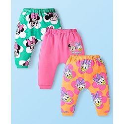 Babyhug Disney Interlock Knit Full Length Diaper Legging with Minnie Mouse Graphics Pack of 3 - Pink Green & Orange