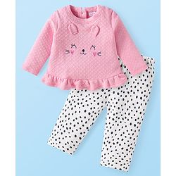 Babyhug Knit Full Sleeves Quilted Top & Lounge Pant Set With Cat & Polka Dot Print - Pink & White