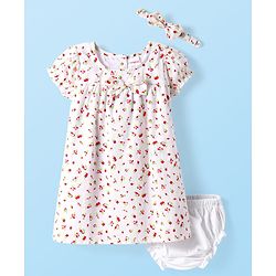 Babyhug Cotton Woven Half Puffed Sleeves Floral Printed Frock with Bloomer Headband & Bow Applique - White