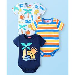 Babyhug 100% Cotton Knit Half Sleeves Striped & Beach Theme Printed Onesies Pack of 3 - Navy & White