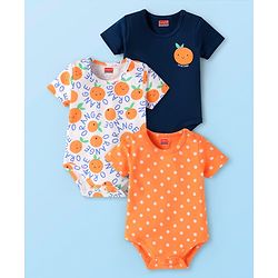 Babyhug 100% Cotton Knit Half Sleeves Tangerine Printed Onesies Pack of 3 - Orange White & Black