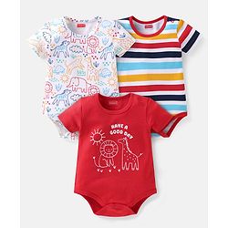 Babyhug Interlock Knit Half Sleeves Onesies With Animal Print Pack of 3 - Red & White
