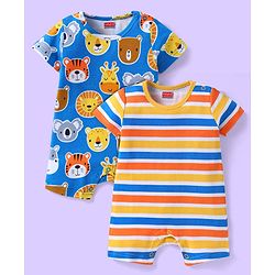 Babyhug 100% Cotton Knit Half Sleeves Rompers with Animal Print & Stripes Pack of 2 - Yellow & Blue