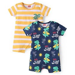 Babyhug Interlock Knit Half Sleeves Rompers With Dino Print Pack of 2 - Navy Blue & Yellow
