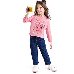 Babyhug Terry Knit Full Sleeves Top & Solid Denim Jeans Set With Floral & Text Print - Pink & Blue
