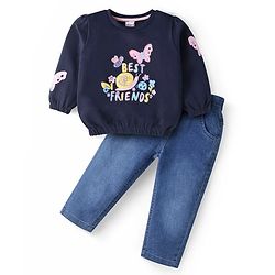 Babyhug Terry Knit Full Sleeves Cut & Sew Hooded T-Shirt & Joggers Set with Text Print - Navy Blue main image 1