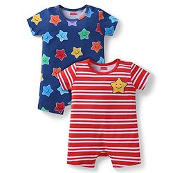 Babyhug 100% Cotton Knit Half Sleeves Rompers with Stripes & Stars Print Pack of 2 - Navy Blue & Red