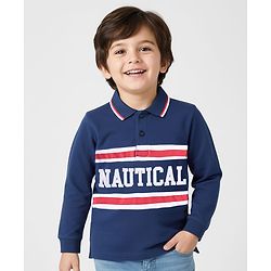 Babyhug Cotton Knit Full Sleeves Polo T-Shirt With Text Patch - Navy Blue
