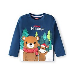Babyhug Cotton Knit Full Sleeves T-Shirt with Christmas Graphics - Navy Blue